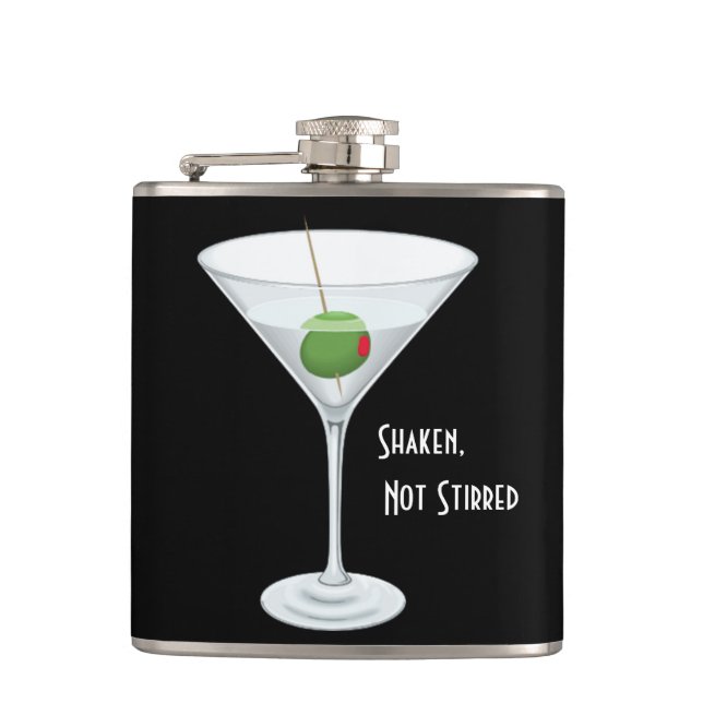Shaken Not Stirred Martini Glass Olive Cocktails Hip Flask (Front)
