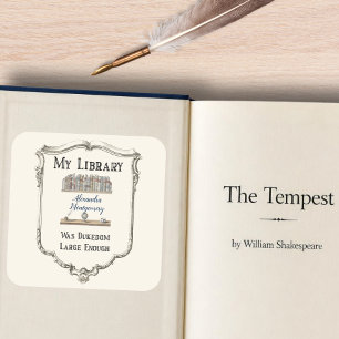 Shakespeare Library Bookplate Vintage Books Square Sticker