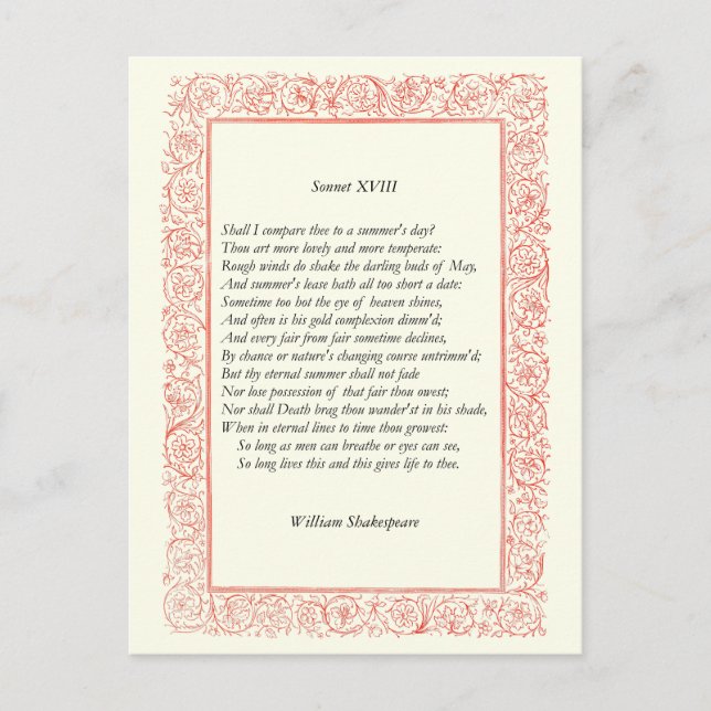 Shakespeare Sonnet # 18 Postcard (Front)