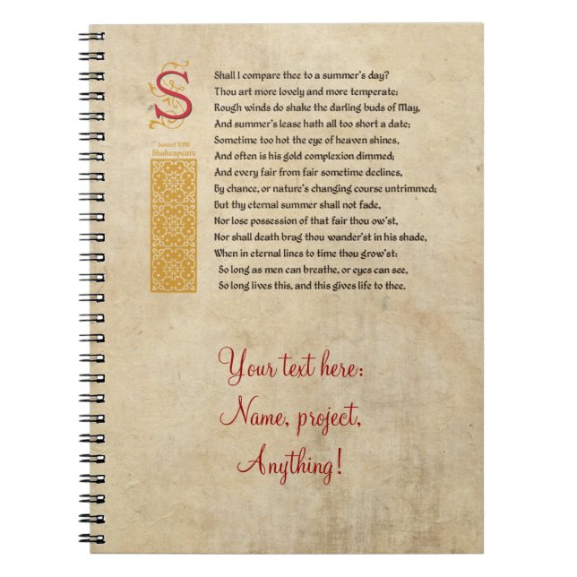 Shakespeare Sonnet 18 (XVIII) on Parchment Notebook (Front)