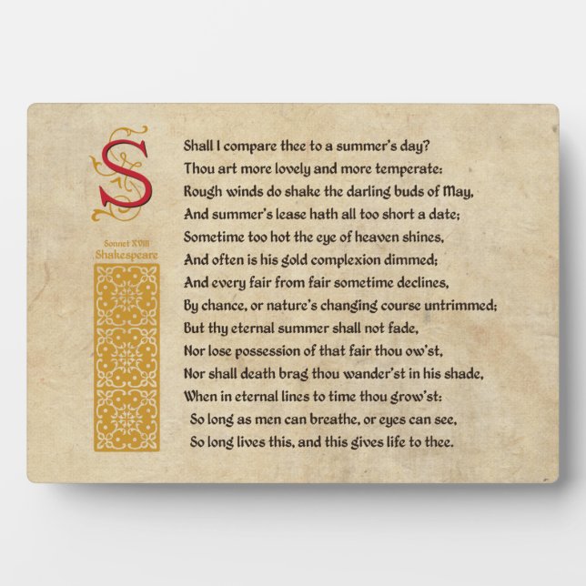Shakespeare Sonnet 18 (XVIII) on Parchment Plaque (Front)