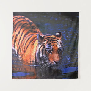 SHALLOW FOCUS PHOTOGRAPHY OF BROWN AND BLACK TIGER TAPESTRY