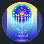 Shalom at Hanukkah Menorah Lights & Star of David. Classic Round Sticker<br><div class="desc">A Hanukkah menorah shines against a background of yellow, turquoise and blue with a circle that resembles a kaleidoscope or a stained glass window. The Star of David glows at the apex of the central candle (also called the Shamash or "servant" candle) which is the first candle lit and which...</div>