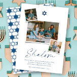 Shalom Blue Star Of David 3 Photo Simple Hanukkah Holiday Card<br><div class="desc">This modern minimalist Hanukkah card features the greeting 'Shalom' in a trendy handwriting script. A dark navy blue Star Of David symbol sits on the centre top with 3 Instant photo collage layout. A short holiday wish and the family name sign-off are placed at the bottom of the card. Star...</div>