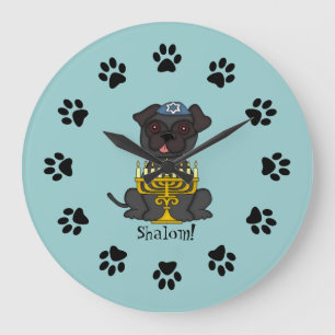 Shalom!-Cute Pug dog with Menorah/Soft Blue Large Clock
