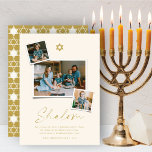 Shalom Gold Star Of David 3 Photo Simple Hanukkah Holiday Card<br><div class="desc">This modern minimalist Hanukkah card features the greeting 'Shalom' in a trendy handwriting script. A gold Star Of David symbol sits on the centre top with 3 Instant photo collage layout. A short holiday wish and the family name sign-off are placed at the bottom of the card. Star of David...</div>