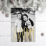 Shalom Hanukkah Holiday Photo Foil Card<br><div class="desc">Real foil hand lettered "Shalom" with landscape photo on top. White area colour is customisable as well as the back side.  Choose your foil colour: gold,  silver or rose gold,  and backer colour. Add more photos to the back or write a message.</div>
