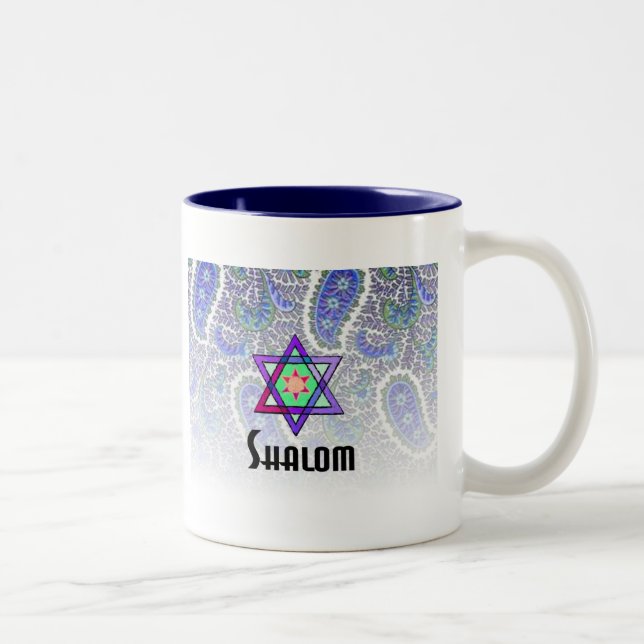 Shalom in Blue Paisley Two-Tone Coffee Mug (Right)