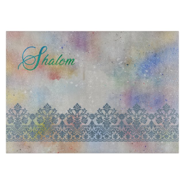 Shalom Lace Effect on Watercolor Glass Challah Cutting Board (Front)