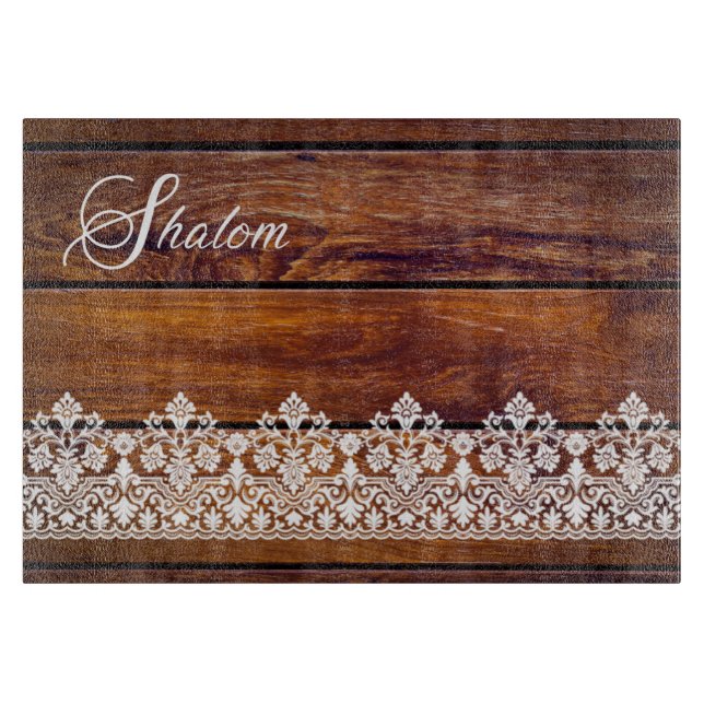 Shalom Lace Effect on Wood Effect Challah Cutting Board (Front)