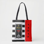 Shalom Menorah Personalised Tote Bag<br><div class="desc">This eye-catchingly sophisticated and personalised tote features a colourful menorah over bold black and white stripes.  Tote back is coordinated and says,  "Shalom" in English and Hebrew.  ~ karyn</div>