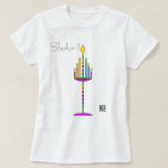 Shalom Menorah tee<br><div class="desc">A slightly-different-but-very-colourful menorah graces both the front and back of this fun tee. Six of the menorah flames represent the six days of creation, and the central (seventh) flame represents Yeshua / Jesus, Who is our Shabbat / Sabbath Rest. After six days of creation, God rested on the seventh day,...</div>