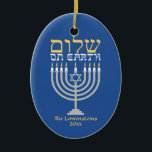 Shalom Peace on Earth Hanukkah Holiday Photo Ceramic Tree Decoration<br><div class="desc">Shalom Peace on Earth Hanukkah Holiday Photo Ornament - the perfect complement for your interfaith family! Festive Hanukkah blue with an elegant silver menorah and gold Hebrew Shalom - Peace on Earth! Easy to customise with text, fonts, and colours. Created by Zazzle pro designer BK Thompson exclusively for Kate’s Creations;...</div>