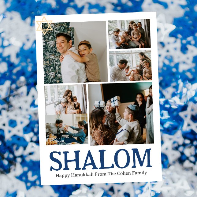 Shalom White Letter Hanukkah family photo Collage Holiday Card (Creator Uploaded)