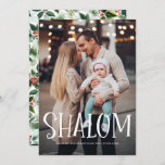 Shalom White Lettering Overlay Photo Hanukkah Holiday Card<br><div class="desc">Happy Hanukkah! Send holiday wishes and greetings to family and friends with this photo holiday flat card. It features 'Shalom' overlay and watrcolor foliage and red berries pattern. Personalise by adding names,  message and photos. This design is available as a flat card,  folded card and postcard.</div>