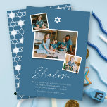 Shalom White Star Of David 3 Photo Simple Hanukkah Holiday Card<br><div class="desc">This modern minimalist Hanukkah card features the greeting 'Shalom' in a trendy handwriting script. A white Star Of David symbol sits on the centre top with 3 Instant photo collage layout. A short holiday wish and the family name sign-off are placed at the bottom of the card. Star of David...</div>