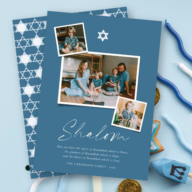 Shalom White Star Of David 3 Photo Simple Hanukkah Holiday Card (Creator Uploaded)