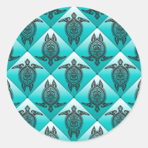Shamanic Sea Turtles Pattern - cyan Classic Round Sticker