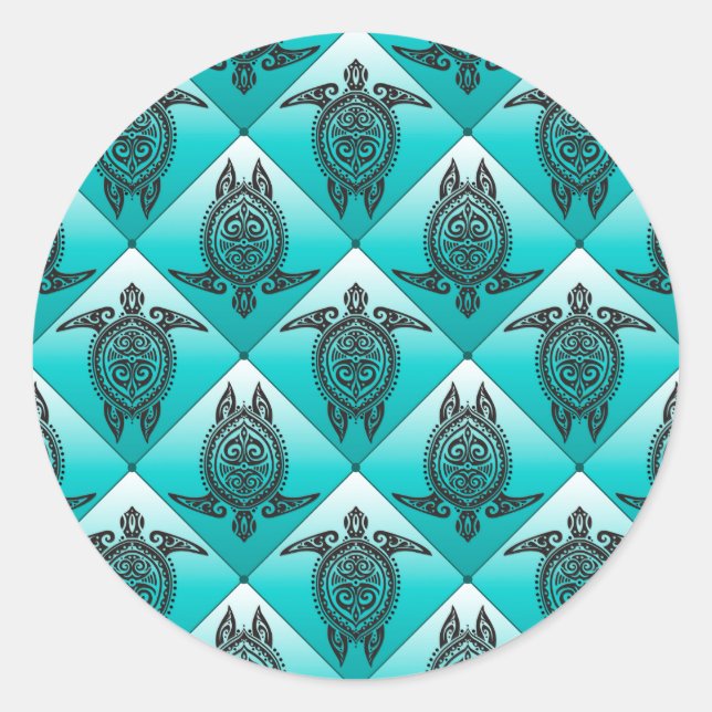 Shamanic Sea Turtles Pattern - cyan Classic Round Sticker (Front)