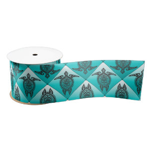 Shamanic Sea Turtles Pattern - cyan Satin Ribbon