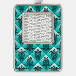 Shamanic Sea Turtles Pattern - cyan Silver Plated Framed Ornament