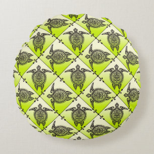 Shamanic Sea Turtles Pattern - green Round Cushion