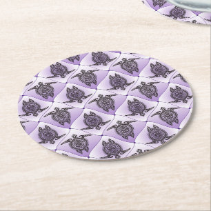 Shamanic Sea Turtles Pattern - violet Round Paper Coaster