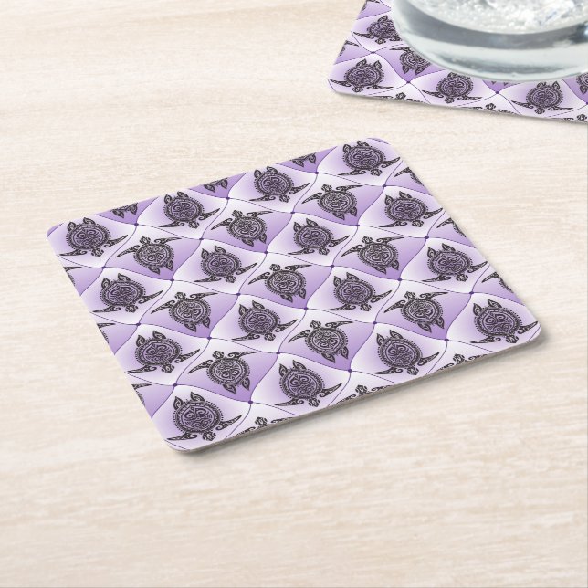 Shamanic Sea Turtles Pattern - violet Square Paper Coaster (Angled)