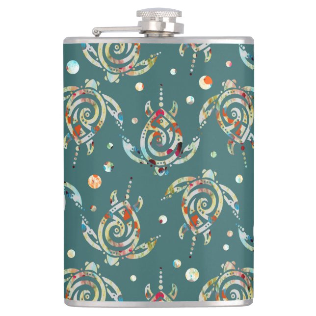 Shamanic Sea Turtles Pattern + your backgr. colour Hip Flask (Front)