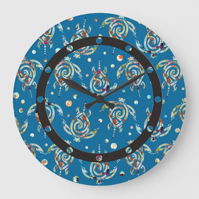 Shamanic Sea Turtles Pattern + your backgr. colour Large Clock (Front)