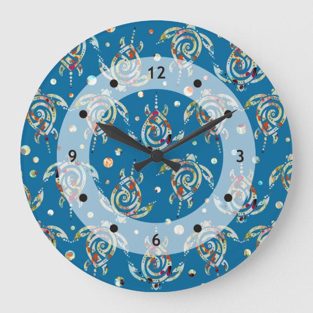 Shamanic Sea Turtles Pattern + your backgr. colour Large Clock (Front)