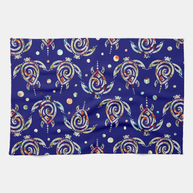 Shamanic Sea Turtles Pattern + your backgr. colour Tea Towel (Horizontal)
