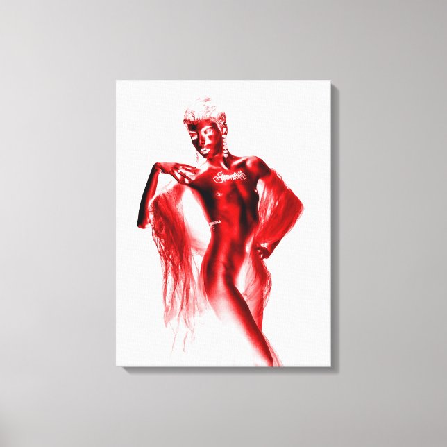 Shameless model posing with red veil and body pain canvas print (Front)