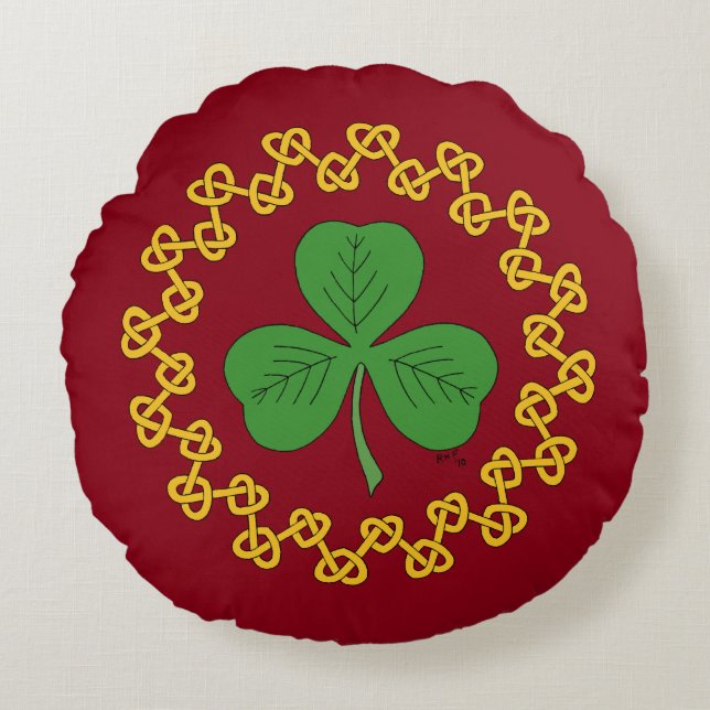 Shamrock and Knotwork on Red Round Cushion (Front)