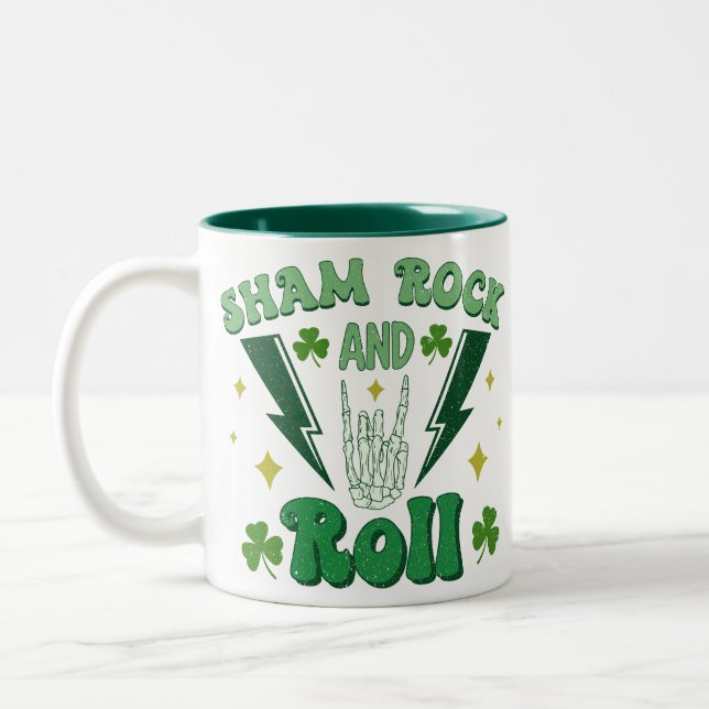 Shamrock And Roll St Patrick's Day Two-Tone Coffee Mug (Left)