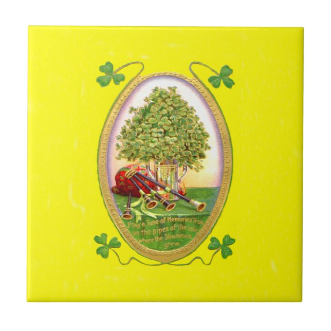 Shamrock Bagpipes Gold Green Tile (Front)