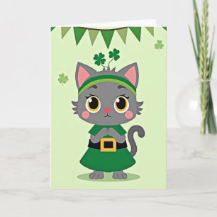 Shamrock Cat Green Dress Card