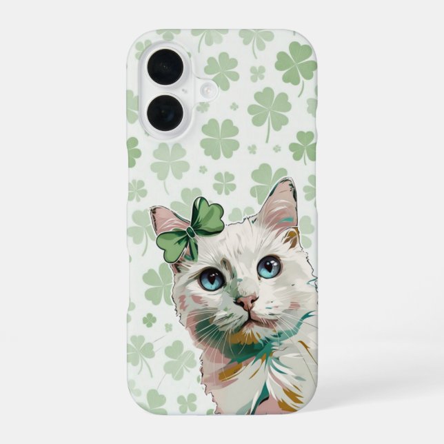 Shamrock Cat with Blue Eyes iPhone 16 Case (Back)