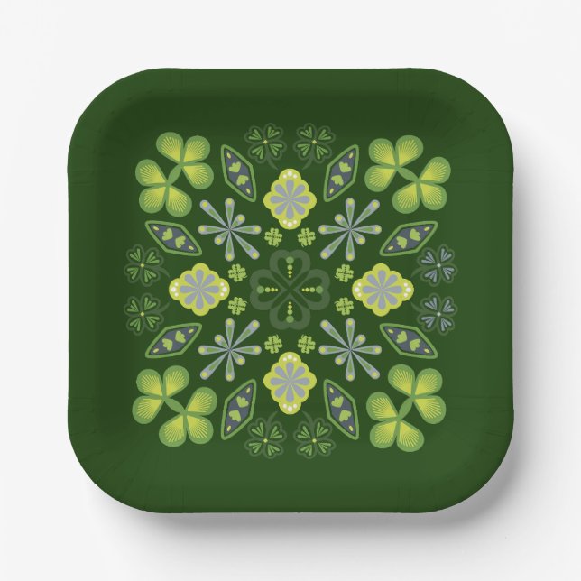 Shamrock Clover Floral Mandala Green Paper Plate (Front)