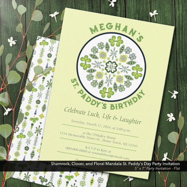 Shamrock Clover Mandala St. Paddy's Birthday Party Invitation (Shamrock, Clover, and Floral Lucky Mandala: St. Paddy's Birthday Party Invitation)