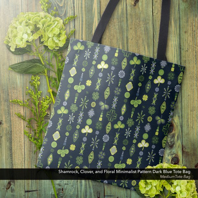 Shamrock Clover Minimal Modern Pattern Dark Blue Tote Bag (Shamrock, Clover, and Floral Minimalist Pattern Dark Blue Tote Bag - Medium Size)