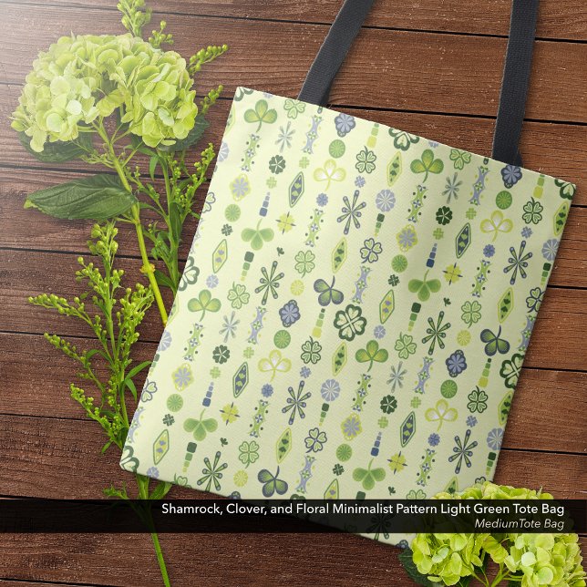 Shamrock Clover Minimal Modern Pattern Yellow Tote Bag (Shamrock, Clover, and Floral Minimalist Pattern Light Yellow-Green Tote Bag - Medium Size)