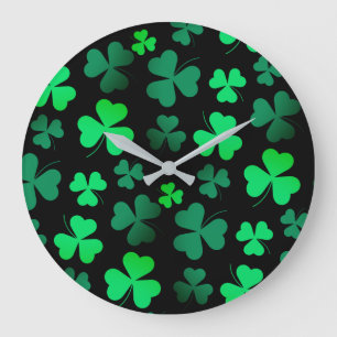 Shamrock Clover Modern Trendy Black and Green Large Clock