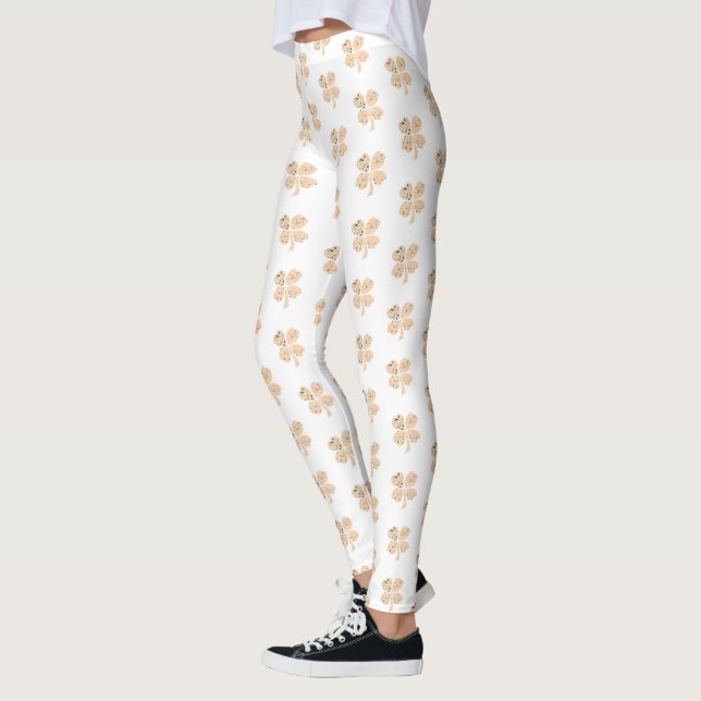 Shamrock Clover Pattern Beige St Patrick`s Day Leggings (Left)