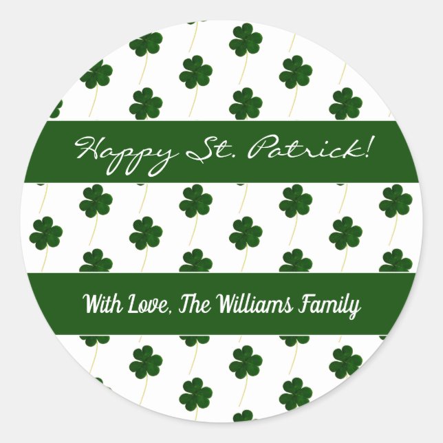 Shamrock Clover Pattern Happy St. Patrick Classic Round Sticker (Front)