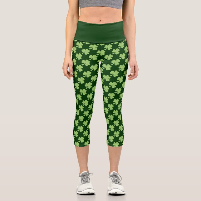 Shamrock Clover Polka dots Patricks Day pattern Capri Leggings (Front)