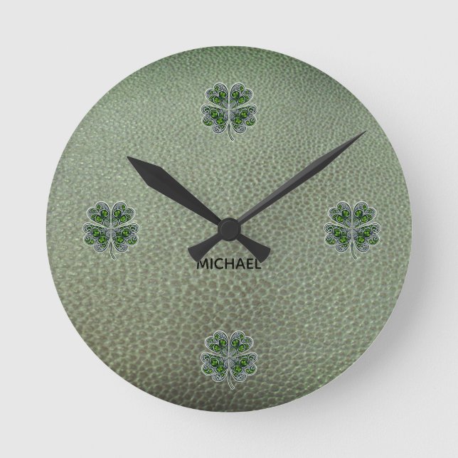 Shamrock Colover  St.Patrick`s Day Green Leather  Round Clock (Front)