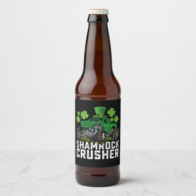 Shamrock Crusher St Patricks Day Monster Truck Beer Bottle Label (Front)