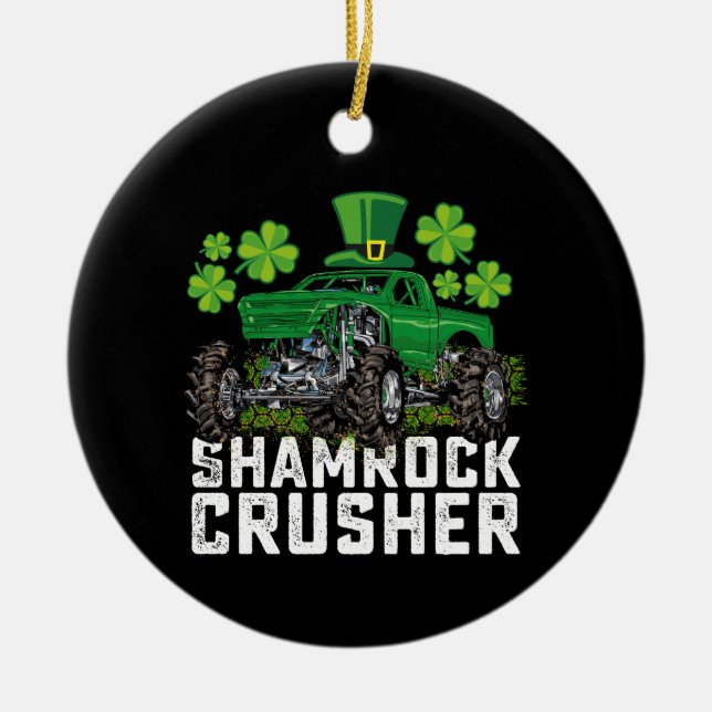 Shamrock Crusher St Patricks Day Monster Truck Ceramic Tree Decoration (Front)