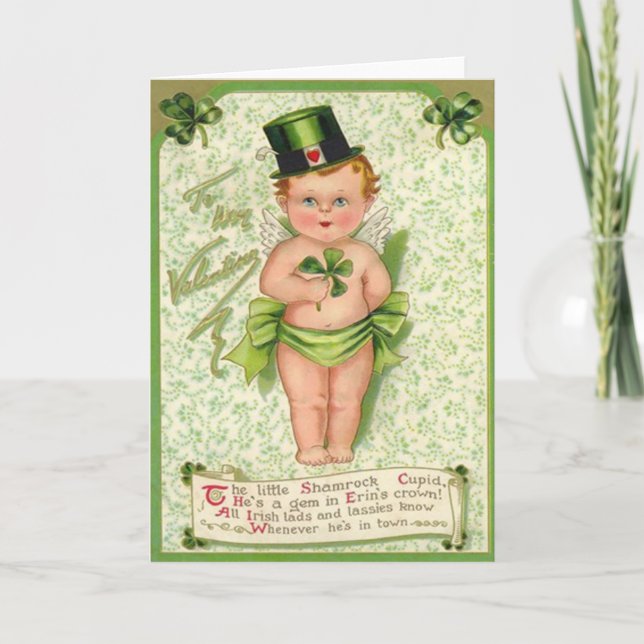 Shamrock Cupid Cherub St Patrick's Day Heart Card (Front)